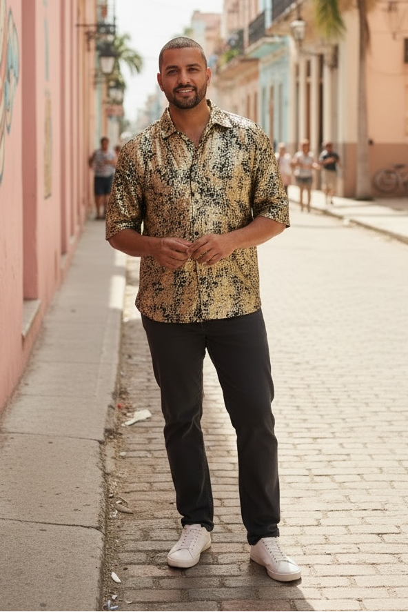 Metallic Gold Velvet Bowling Shirt | Luxury Hawaiian Shirt | Men’s Statement Shirt | Resort Wear | Party Shirt | Festival Outfit