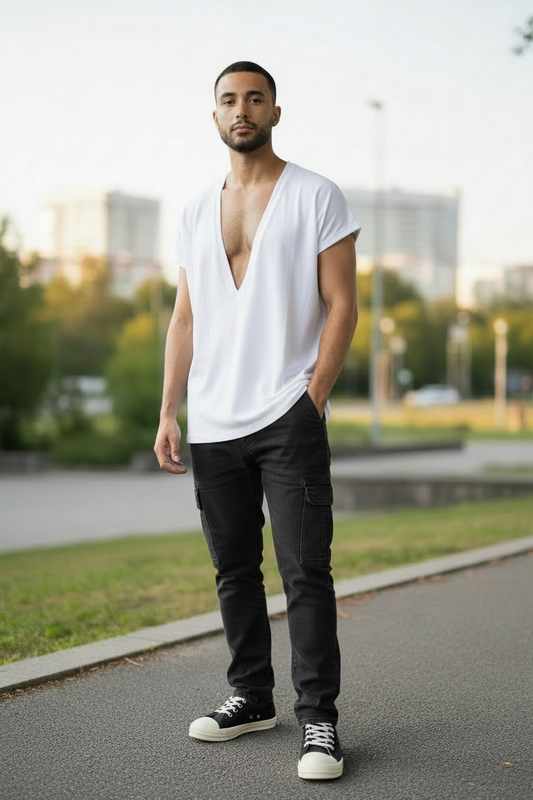 Extreme Deep V Neck Tee Drop Shoulder TShirt | Drop Shoulder T Shirt | White  Drape Jersey