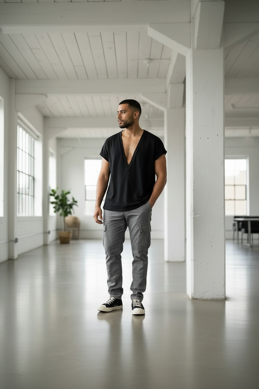 Extreme Deep V Neck Tee Drop Shoulder TShirt | Drop Shoulder T Shirt | Black Drape Jersey