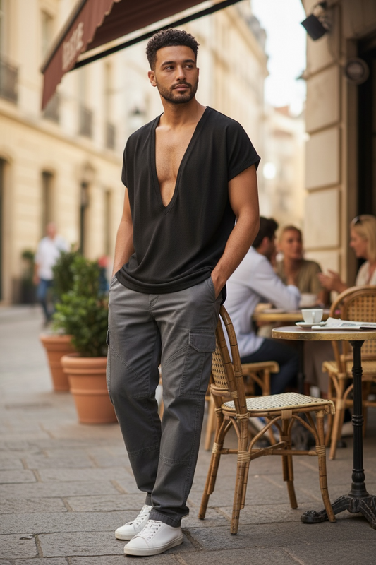 Extreme Deep V Neck Tee Drop Shoulder TShirt | Drop Shoulder T Shirt | Black Drape Jersey