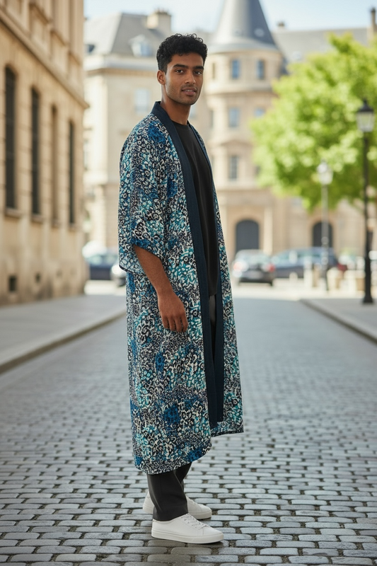 Blue Cheetah Printed Caftan With Denim Collar Trim