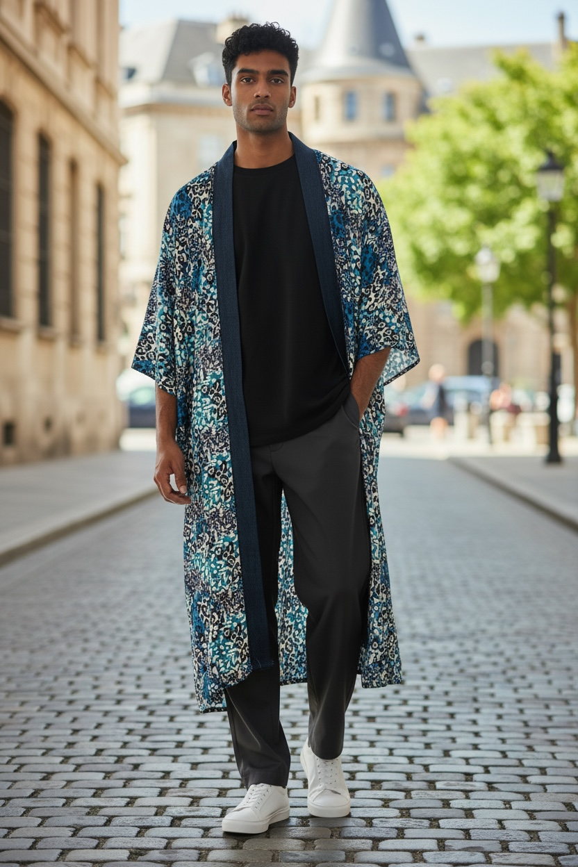 Blue Cheetah Printed Caftan With Denim Collar Trim