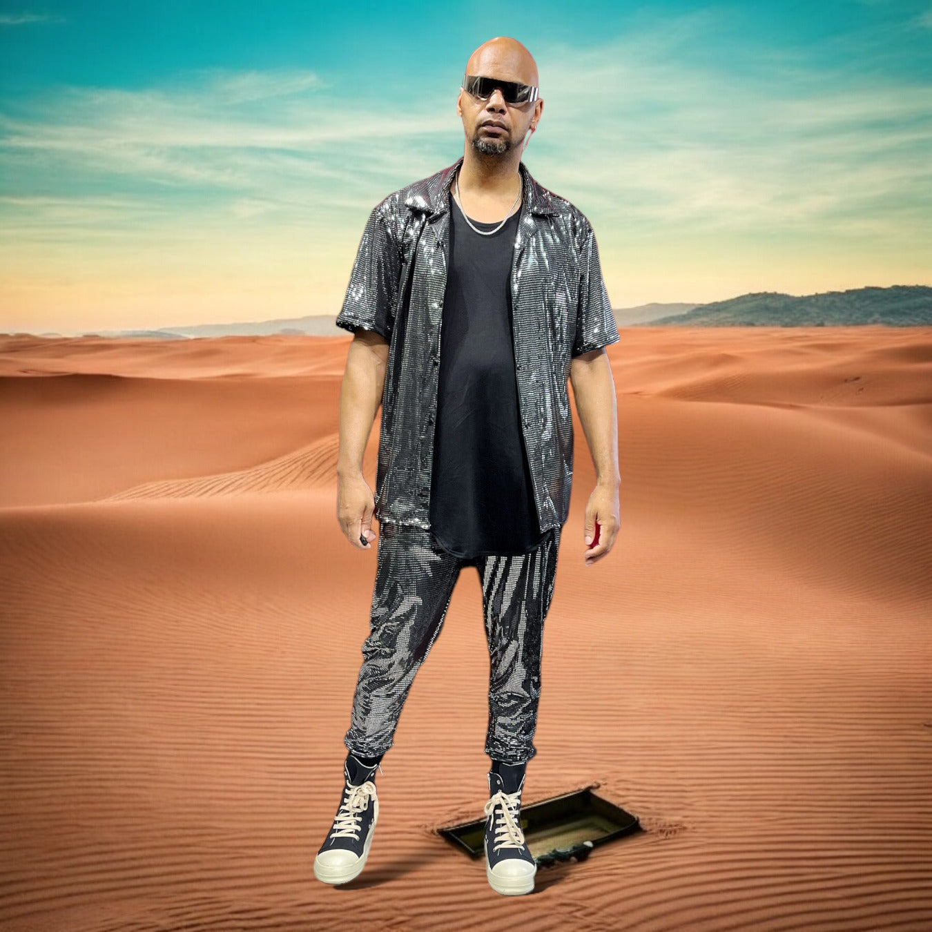 Mens Trendy Metallic Jogger Rave Disco Pant,  Burningman Festival Mens Fashion, Pull on stretch pants. festival fashion