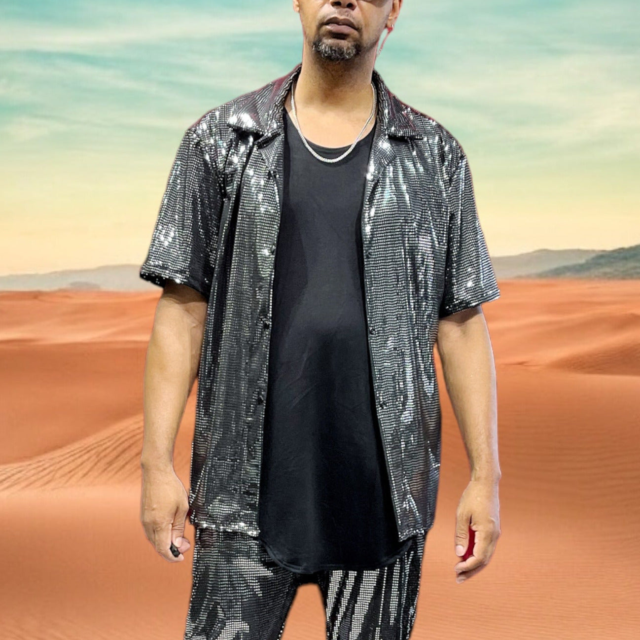 Metallic Bowling Shirt Discoball Button Up Shirt, Silver Metallic Collar Shirt Festival Mens Fashion