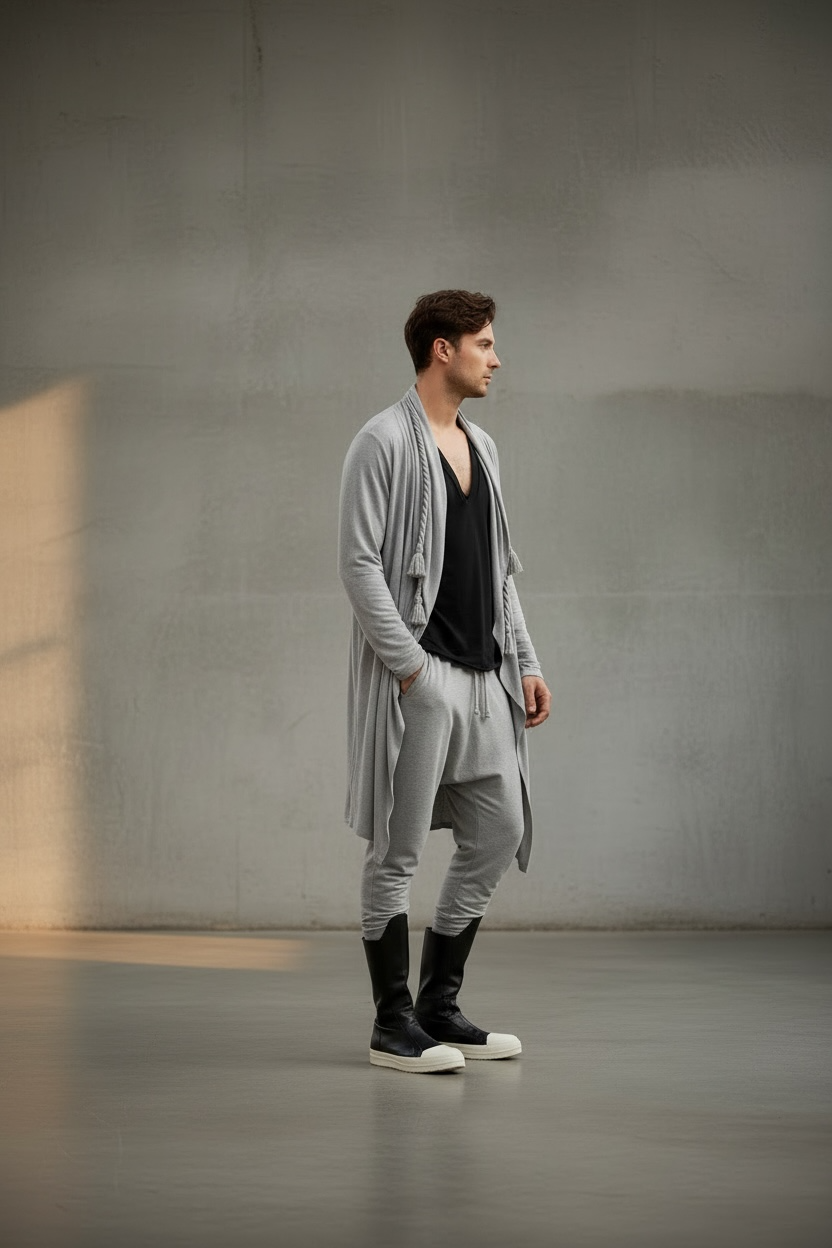 Festival Hooded Cardigan And Jogger Set – BurningMan | Stone Gray 2 Piece Men’s Festival Wear | Cardigan & Matching Pants | Rave Clothing for Burningman