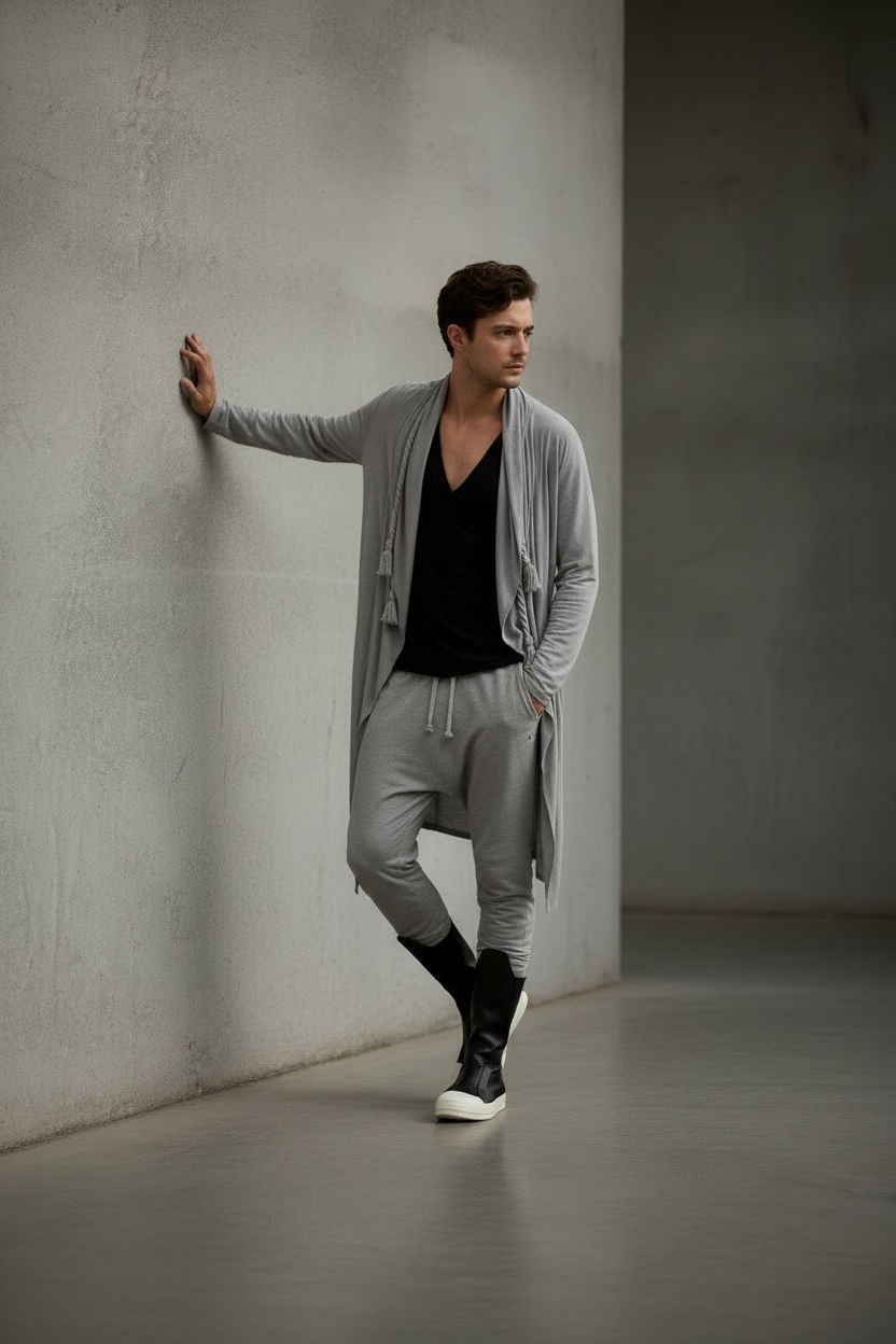 Festival Hooded Cardigan And Jogger Set – BurningMan | Stone Gray 2 Piece Men’s Festival Wear | Cardigan & Matching Pants | Rave Clothing for Burningman