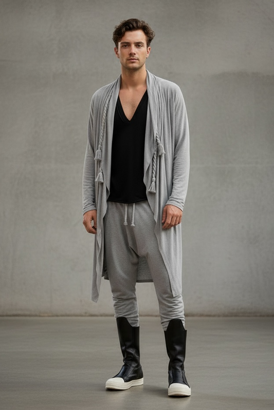 Festival Hooded Cardigan And Jogger Set – BurningMan | Stone Gray 2 Piece Men’s Festival Wear | Cardigan & Matching Pants | Rave Clothing for Burningman