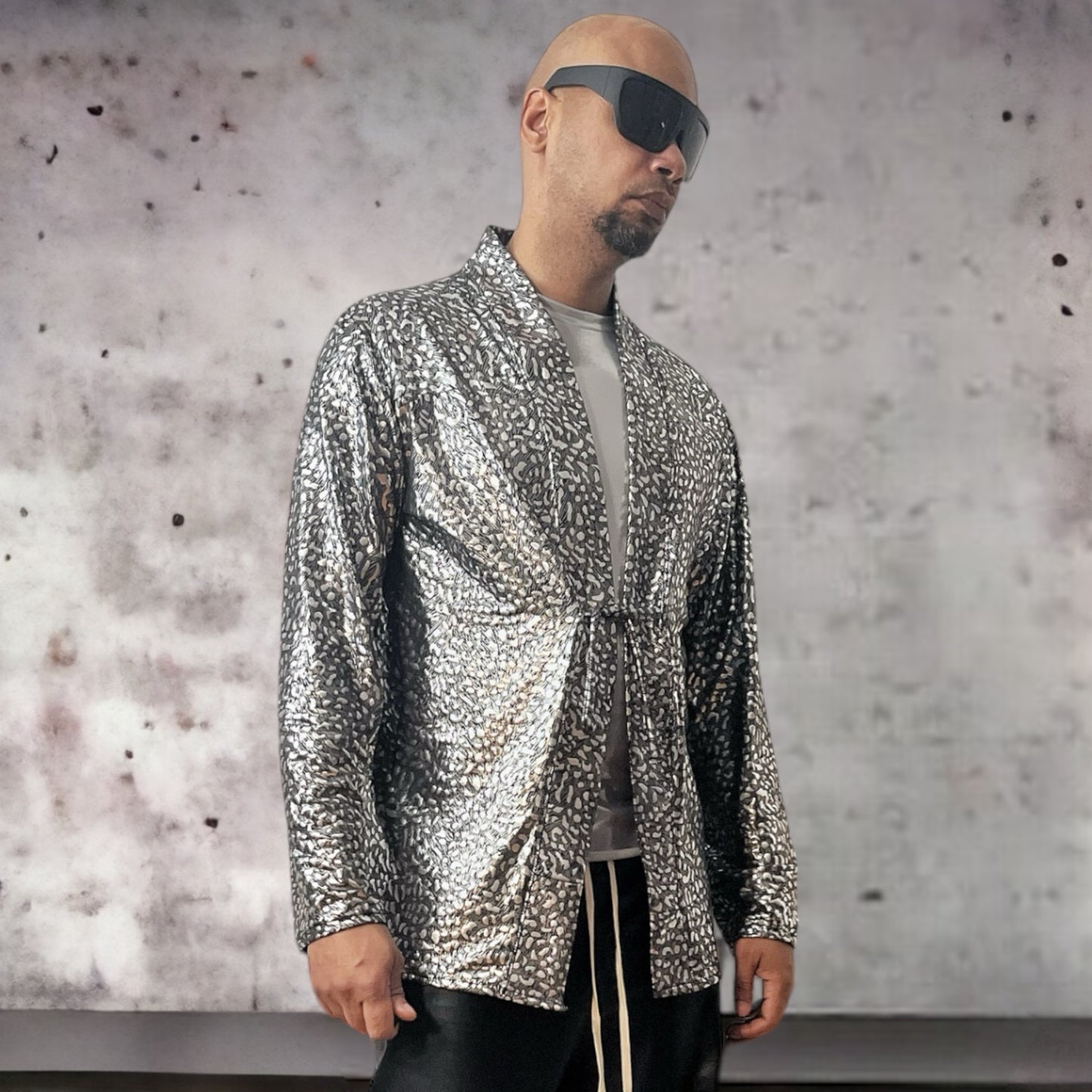 Silver Metallic Galaxy Cheetah Print Mens Kimono Shirt Jacket Perfect For Night Out DJ Outfit Festival Wear | Long Sleeve Tie Front