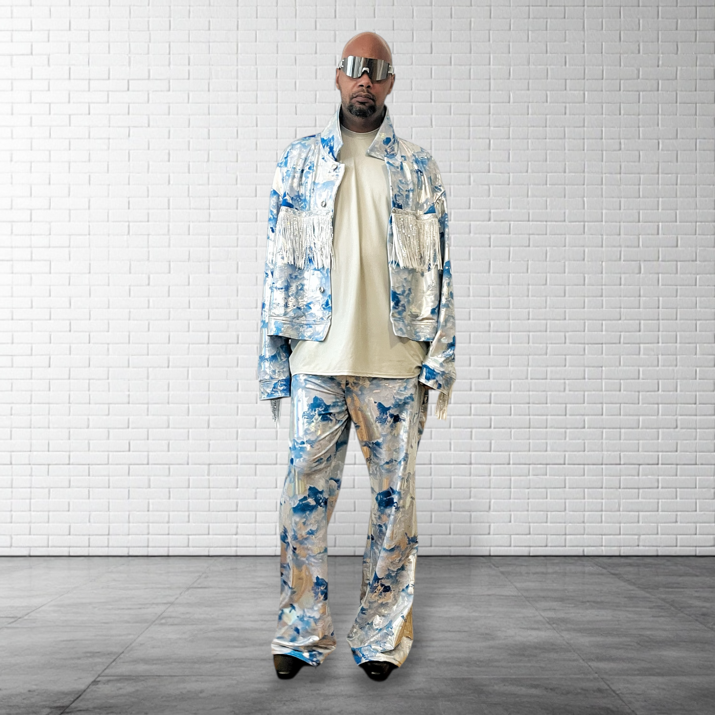 Cowboy Carter Outfit Metallic Flared Legging Pull On Jean style Pants | Metallic Hologram Coated Spandex | Baby Blue Sky Print | Mens |