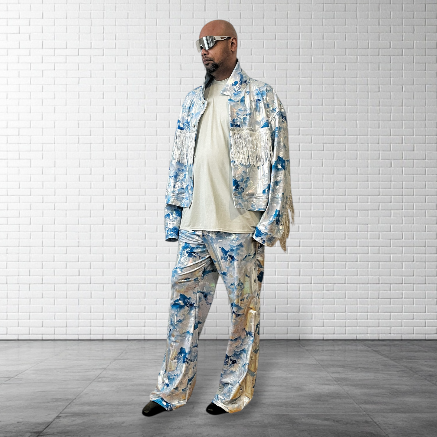 Cowboy Carter Outfit Metallic Flared Legging Pull On Jean style Pants | Metallic Hologram Coated Spandex | Baby Blue Sky Print | Mens |