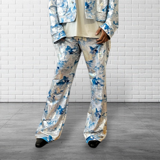 Cowboy Carter Outfit Metallic Flared Legging Pull On Jean style Pants | Metallic Hologram Coated Spandex | Baby Blue Sky Print | Mens |
