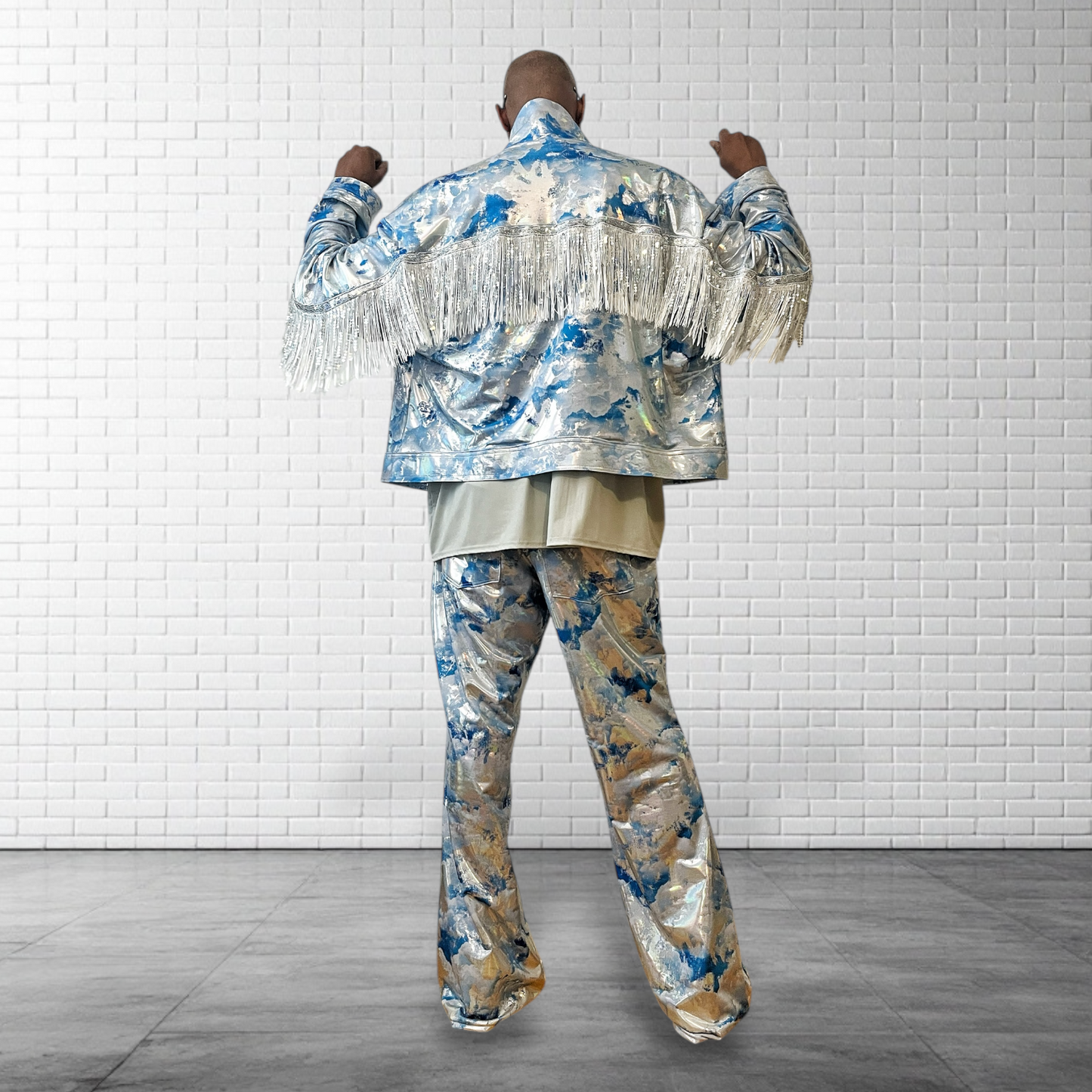 Cowboy Carter Outfit Metallic Flared Legging Pull On Jean style Pants | Metallic Hologram Coated Spandex | Baby Blue Sky Print | Mens |