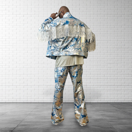 Cowboy Carter Fringe Jacket – Limited Edition Festival Fashion Baby Blue Metallic Sky Print