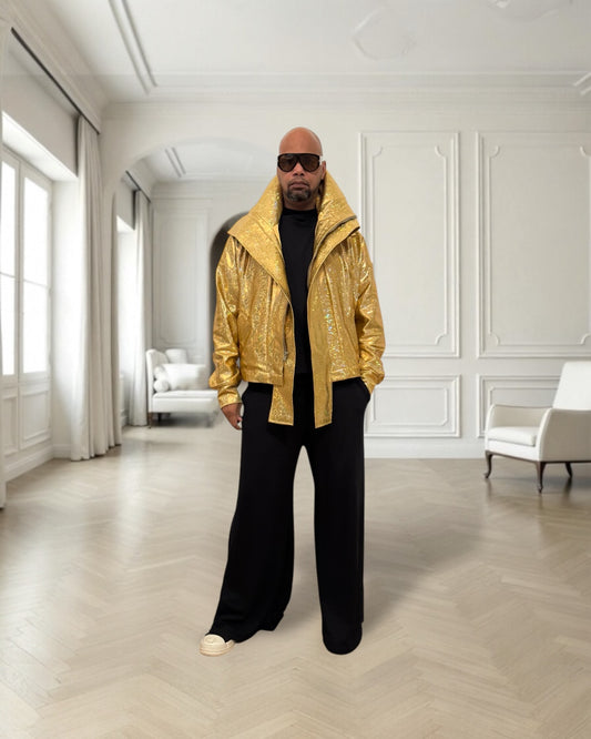 Oversized Gold Metallic Jacket • Statement Streetwear Coat • Unisex High-Shine Outerwear • Luxury Fashion Jacket • Designer Style