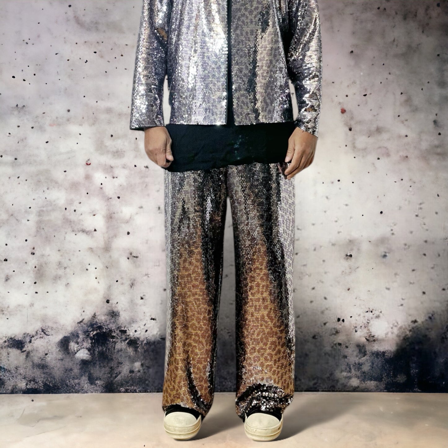 Mens Purple Platinum Cheetah Printed Silver Sequins Jacket and Wide Leg Pant Set 2pcs