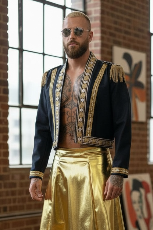 Denim Military Hussar Cropped Jacket – Gold Trim Ringmaster Bolero Mens Unisex