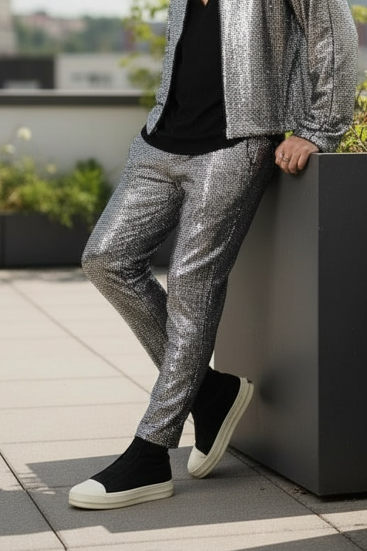 Silver Disco Ball Slim Cut Pant With Pocket and Pull On Elastic Waist