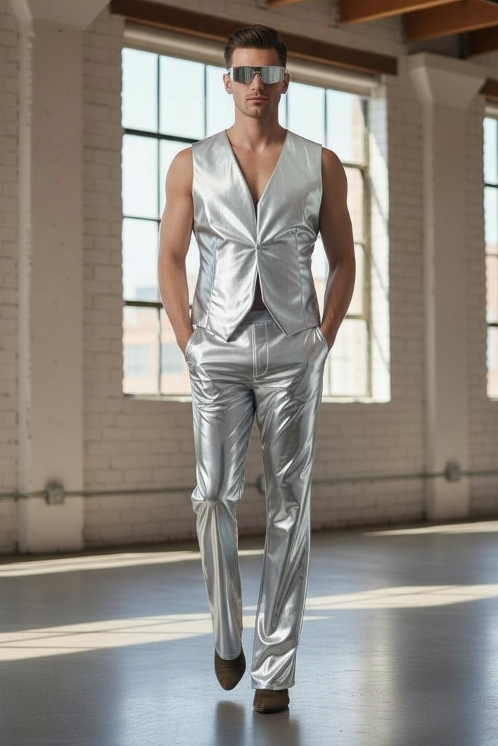 Metallic Flared Jeans Cut Legging | Metallic Silver Pants | Bell Bottom Jeans | Stretch Coated Spandex | Megging Jeggings