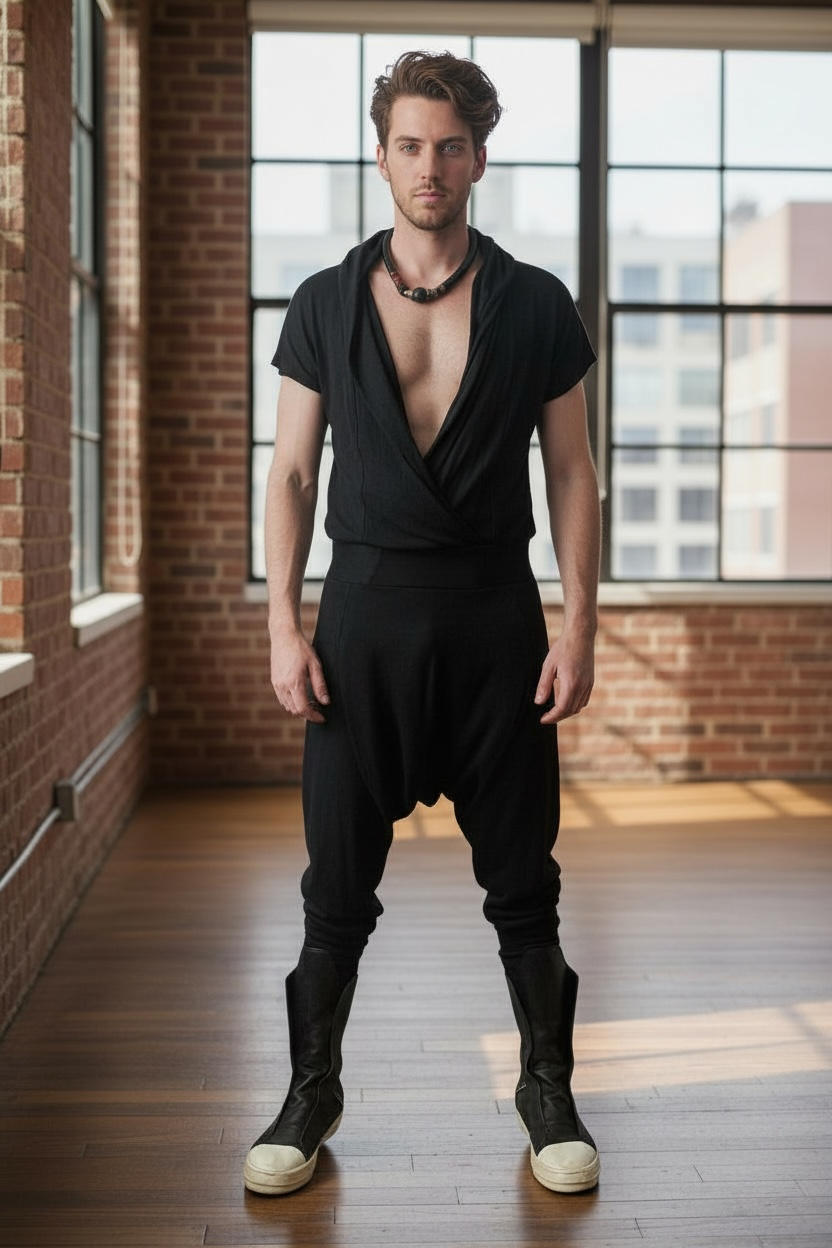 Drape Front Jersey Jumpsuit | Cross Front With Hood | Mens Romper Onesie