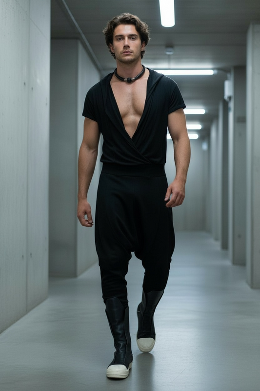 Drape Front Jersey Jumpsuit | Cross Front With Hood | Mens Romper Onesie