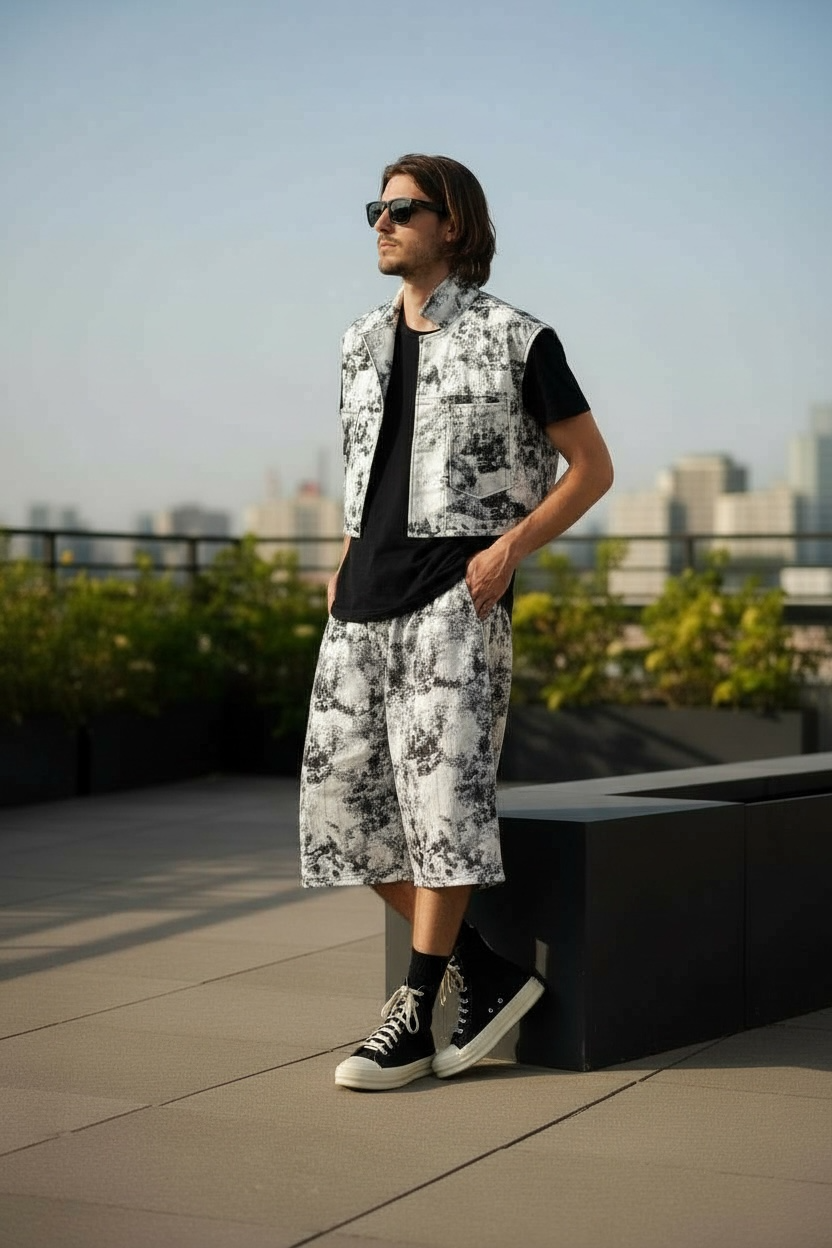 Sky Cloud Silver Foil Printed Sleeveless Trucker Vest