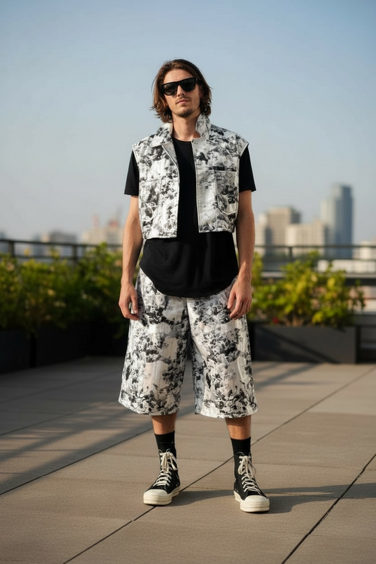 Sky Cloud Silver Foil Printed Jort Short Baggy Oversized Shorts