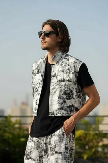Sky Cloud Silver Foil Printed Sleeveless Trucker Vest