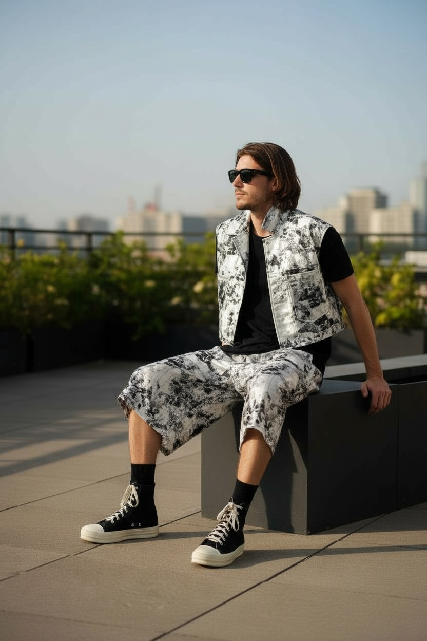 Sky Cloud Silver Foil Printed Sleeveless Trucker Vest