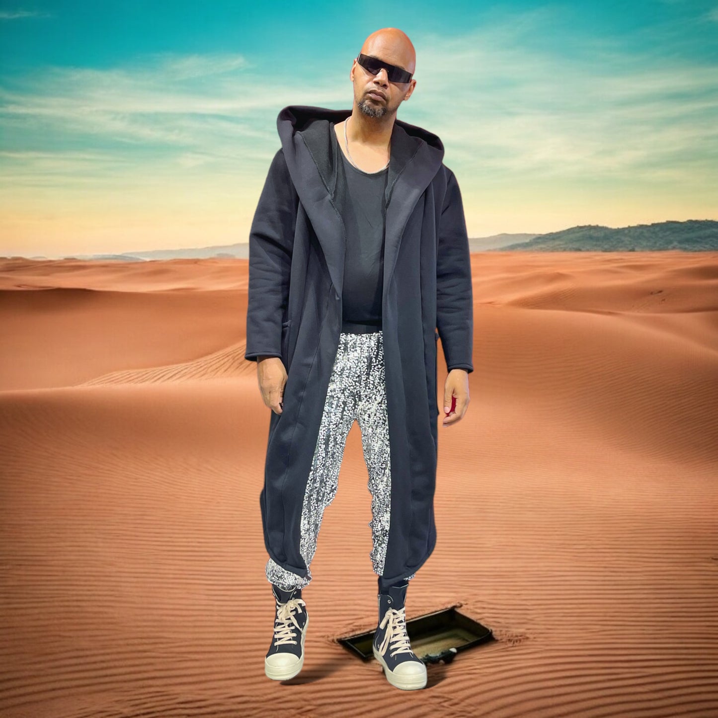 Black Oversized Hood Cloak - Cozy Fleece Coat Cardigan, Asymmetrical Long-line Cardigan - Dune Style Desert Wear