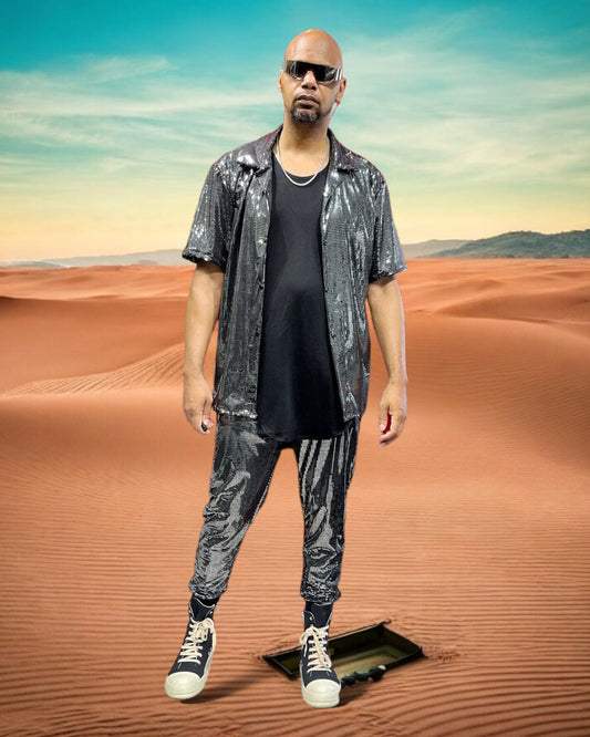 Metallic Bowling Shirt Discoball Button Up Shirt, Silver Metallic Collar Shirt Festival Mens Fashion