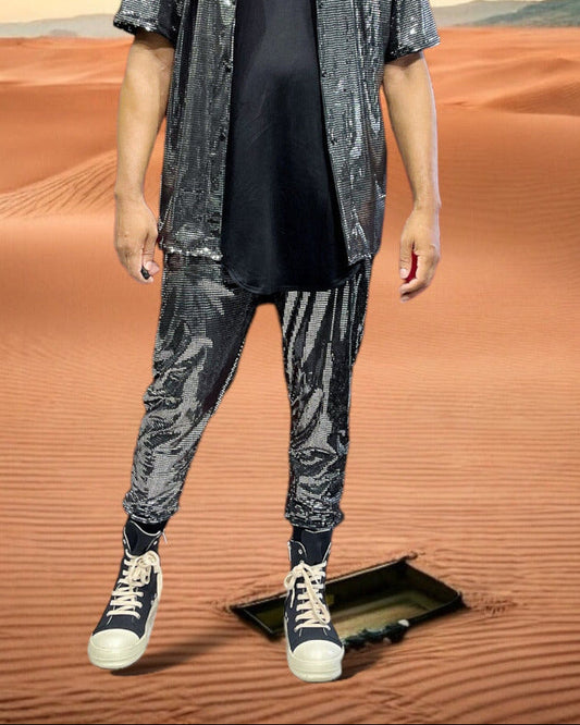 Mens Trendy Metallic Jogger Rave Disco Pant, Burningman Festival Mens Fashion, Pull on stretch pants. festival fashion