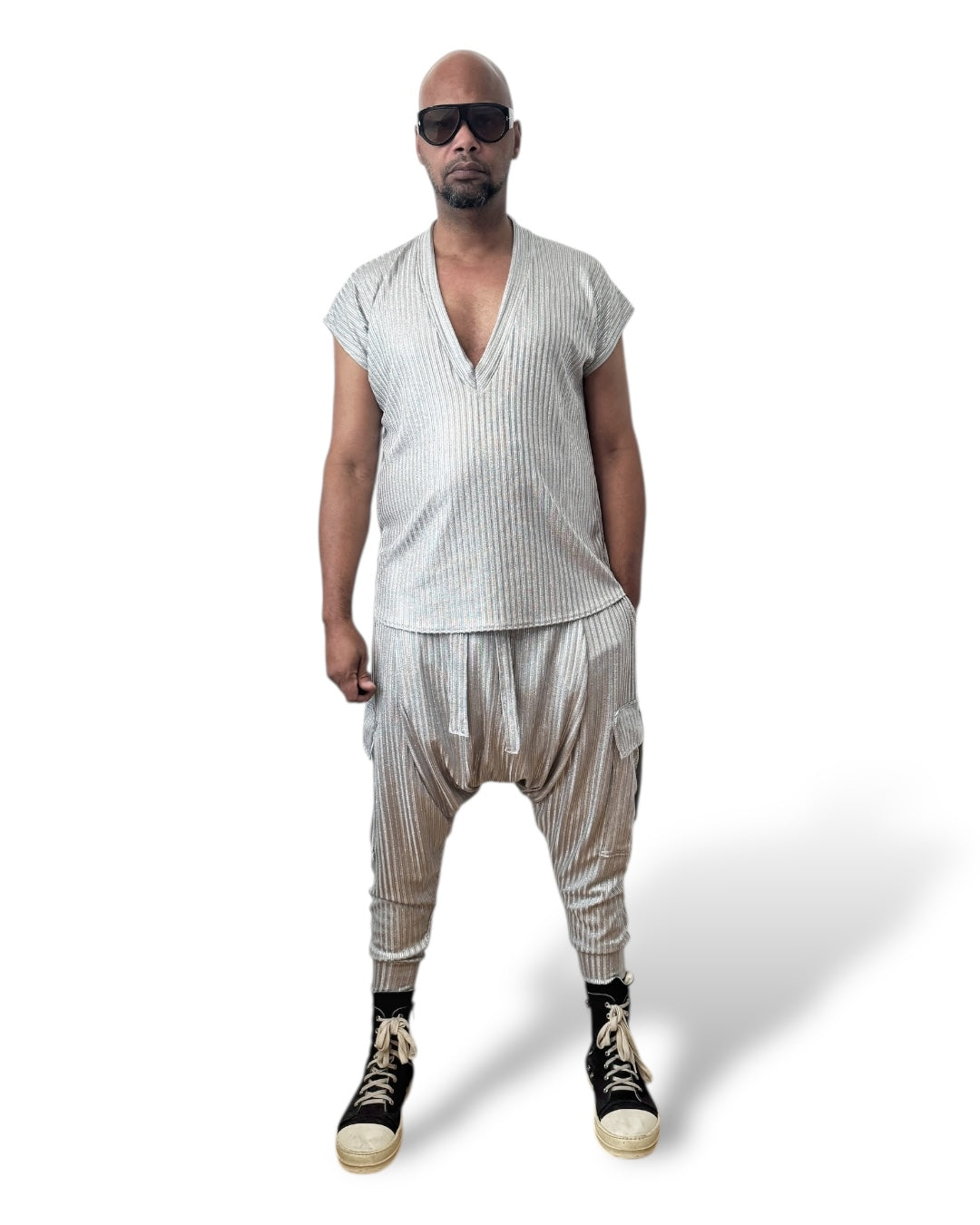 Silver Rib Knit Deep V-Neck Shirt – Unisex Metallic Lounge Top