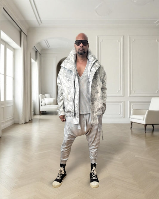 Silver Metallic Brocade Flight Jacket - Oversized Luxury Streetwear Unisex Streetwear Outerwear