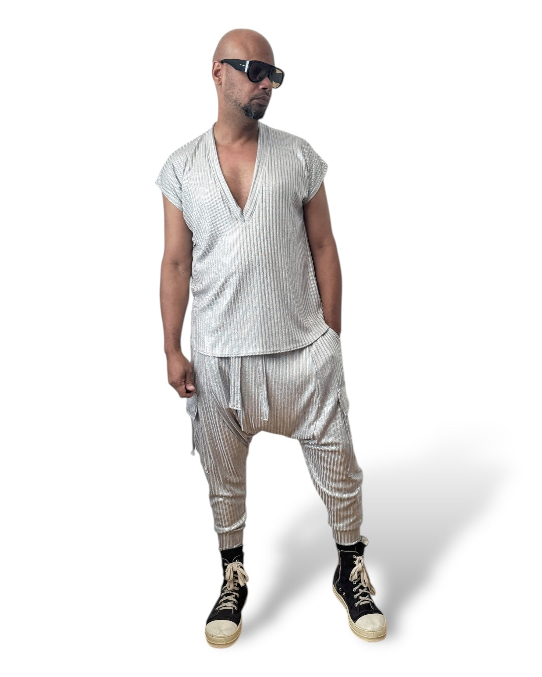 Silver Rib Knit Harem Jogger Cargo Pants – Unisex Metallic Streetwear