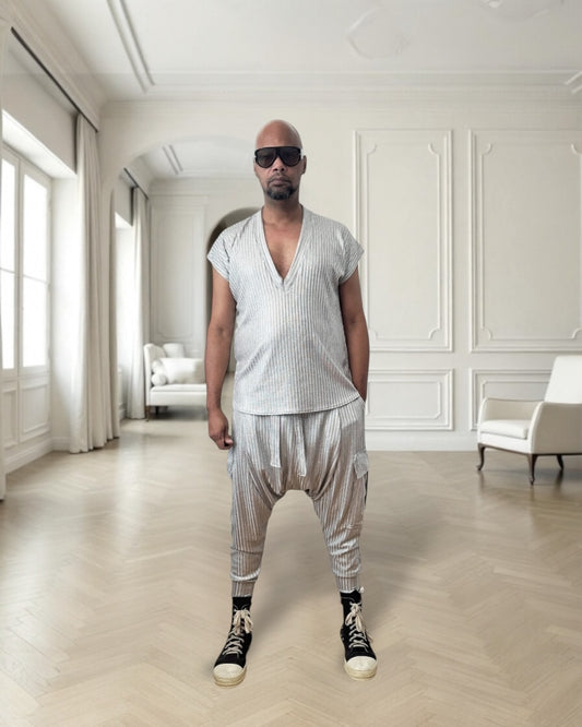 Silver Rib Knit Harem Jogger Cargo Pants – Unisex Metallic Streetwear