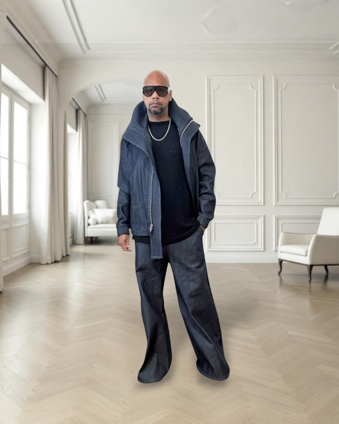 Wide Leg Stretch Denim Pants — Elastic Waist, Unisex Fit