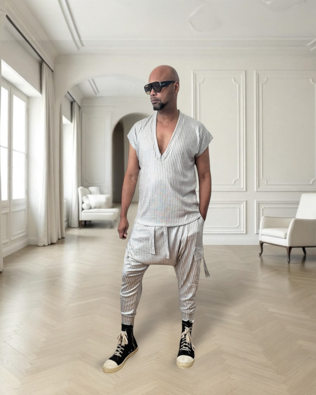 Silver Rib Knit Deep V-Neck Shirt – Unisex Metallic Lounge Top