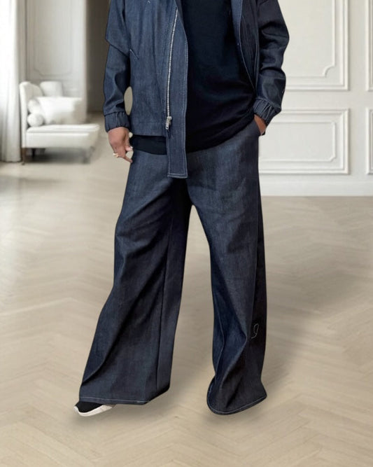 Wide Leg Stretch Denim Pants — Elastic Waist, Unisex Fit