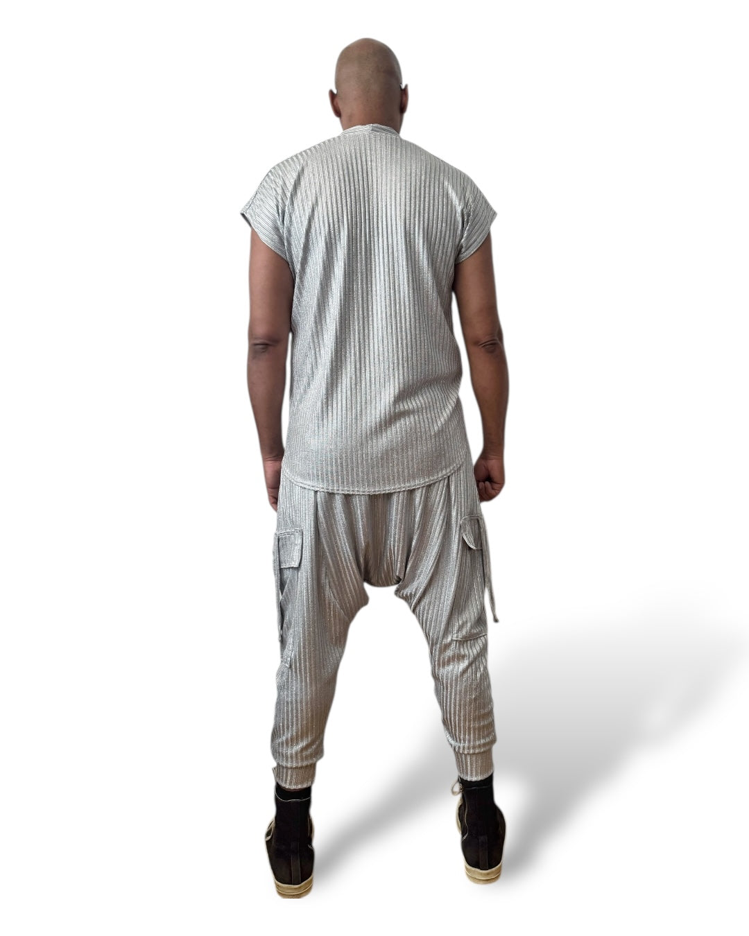 Silver Rib Knit Harem Jogger Cargo Pants – Unisex Metallic Streetwear