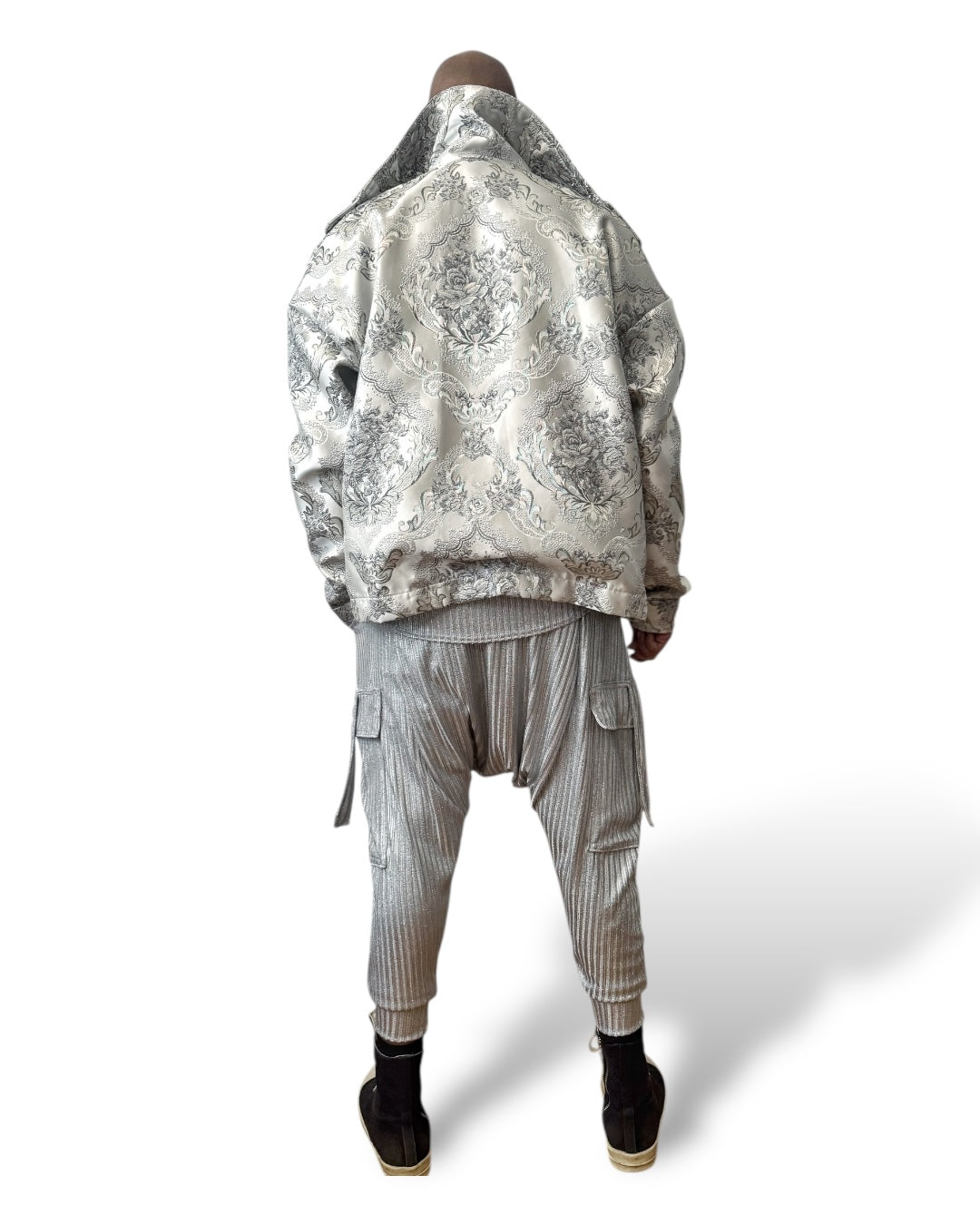 Silver Metallic Brocade Flight Jacket - Oversized Luxury Streetwear Unisex Streetwear Outerwear