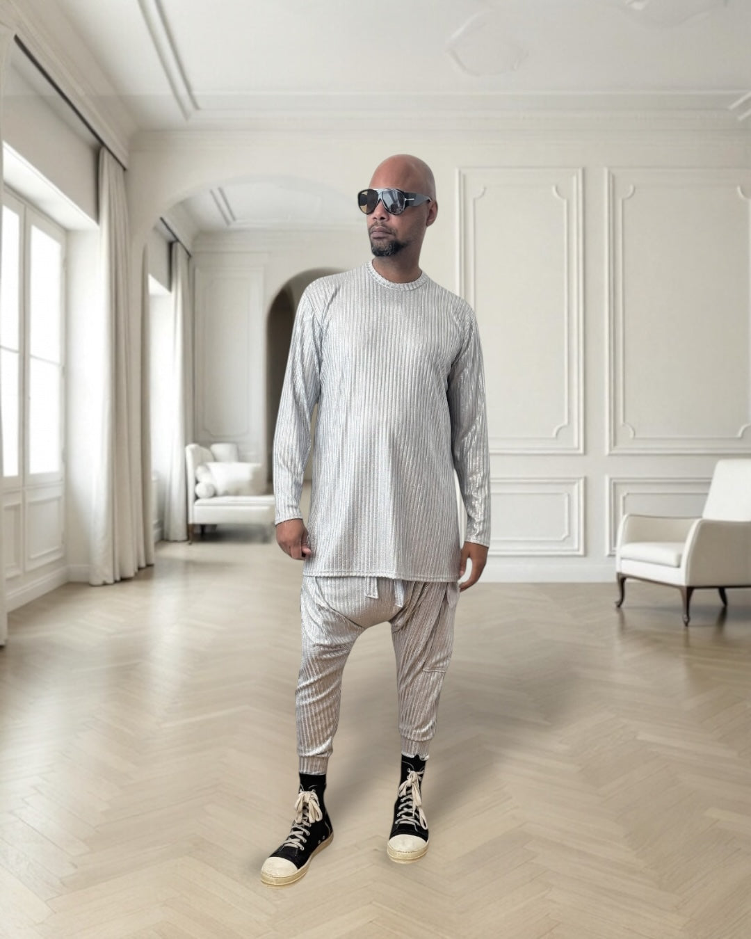 Silver Rib Knit Long Sleeve Shirt – Unisex Metallic Lounge Top