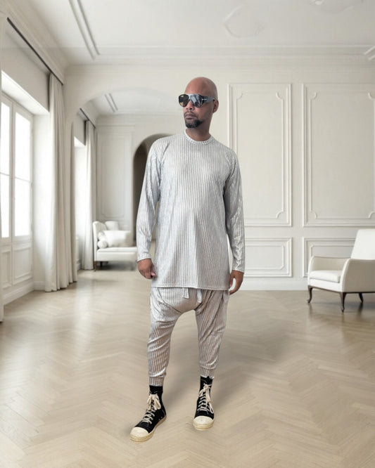 Silver Rib Knit Long Sleeve Shirt – Unisex Metallic Lounge Top