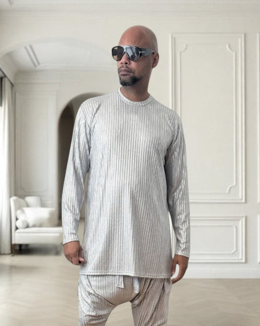 Silver Rib Knit Long Sleeve Shirt – Unisex Metallic Lounge Top