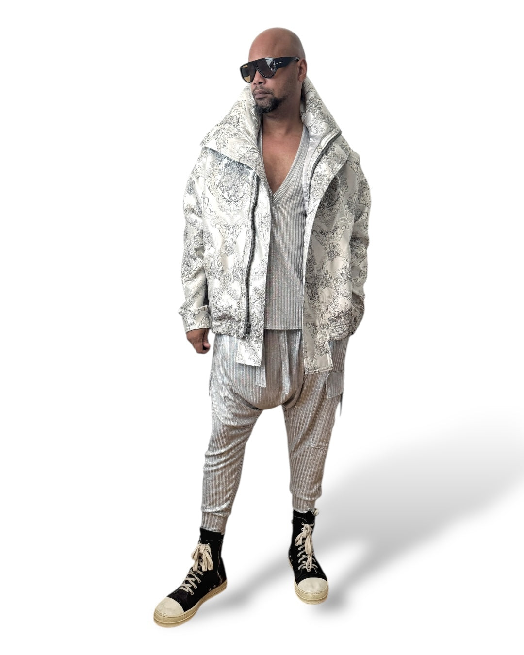 Silver Metallic Brocade Flight Jacket - Oversized Luxury Streetwear Unisex Streetwear Outerwear