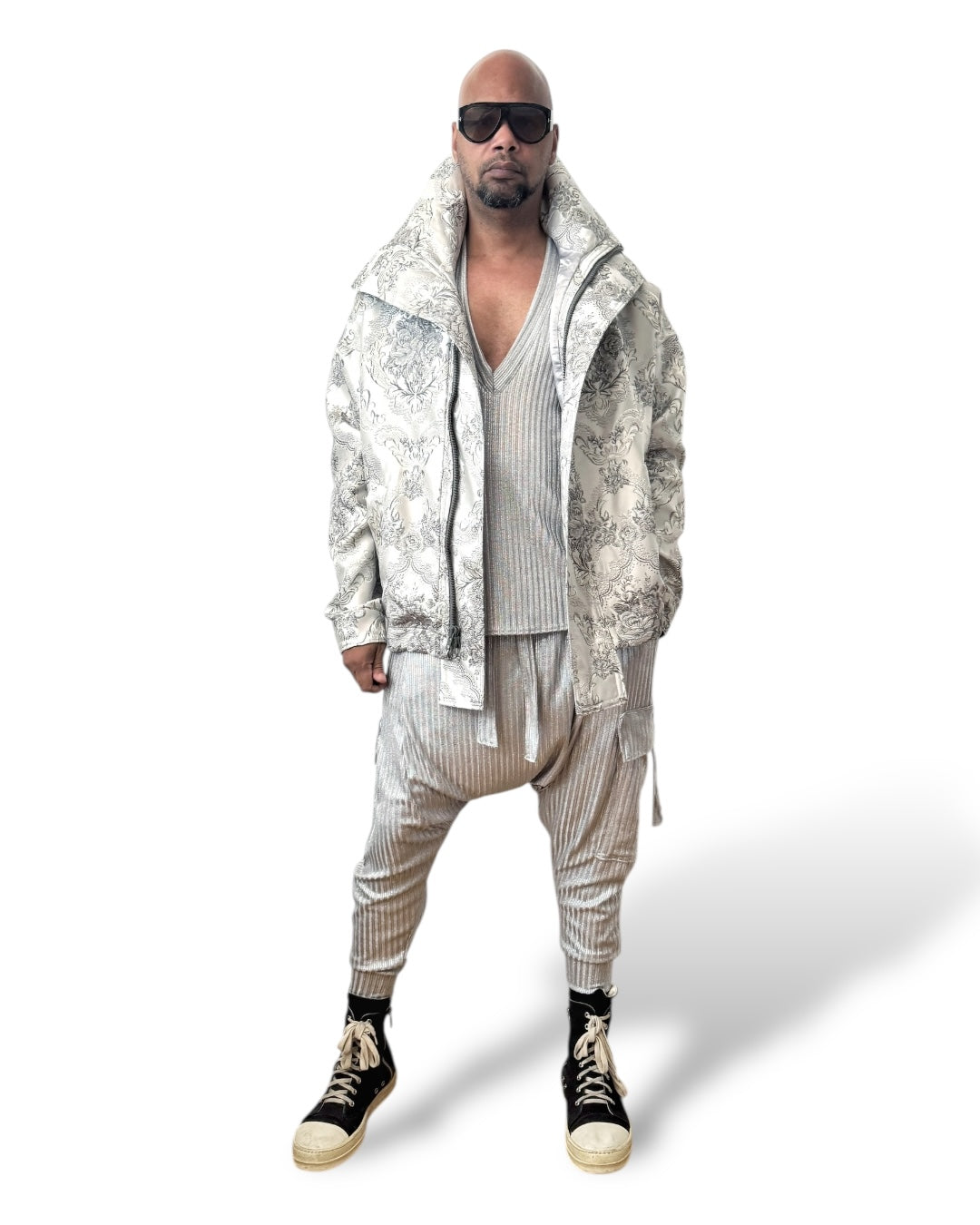 Silver Metallic Brocade Flight Jacket - Oversized Luxury Streetwear Unisex Streetwear Outerwear