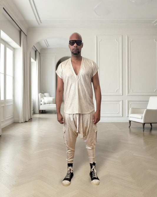 Gold Rib Knit Harem Jogger Cargo Pants – Unisex Metallic Streetwear