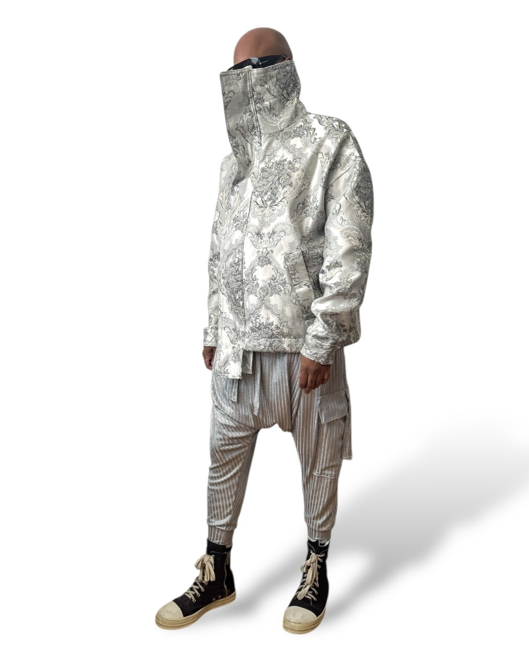 Silver Metallic Brocade Flight Jacket - Oversized Luxury Streetwear Unisex Streetwear Outerwear