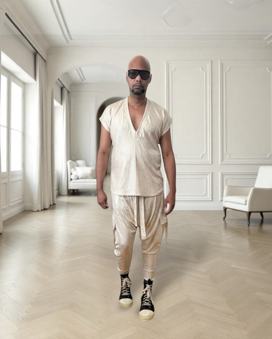 Gold Rib Knit Deep V-Neck Shirt – Unisex Metallic Lounge Top