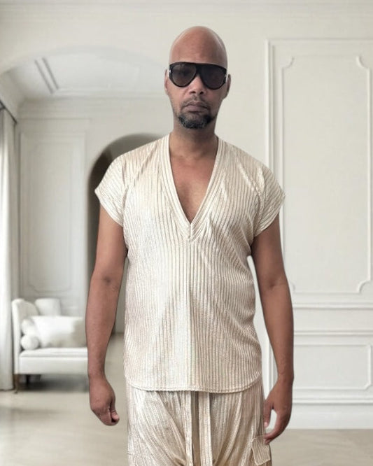 Gold Rib Knit Deep V-Neck Shirt – Unisex Metallic Lounge Top