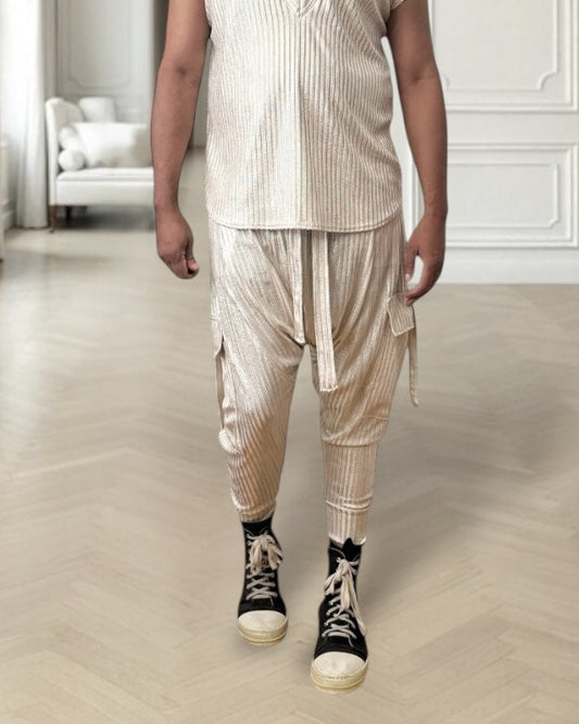 Gold Metallic Rib Knit Harem Jogger Cargo Pants – Unisex Metallic Streetwear